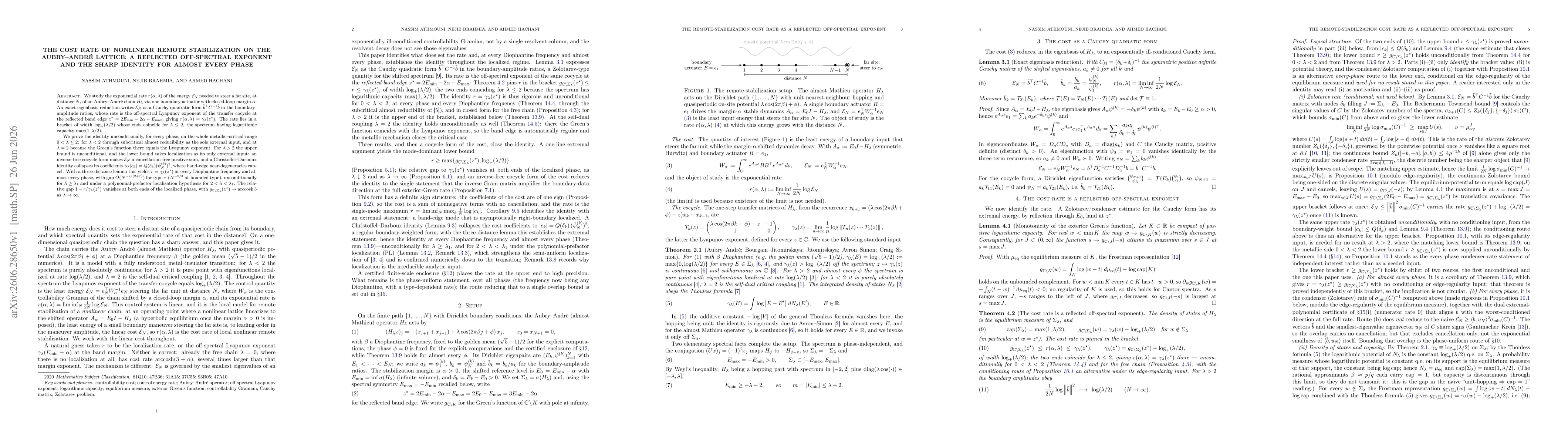 Thumbnail for The cost rate of nonlinear remote stabilization on the Aubry--André lattice: a reflected off-spectral exponent and the sharp identity for almost every phase