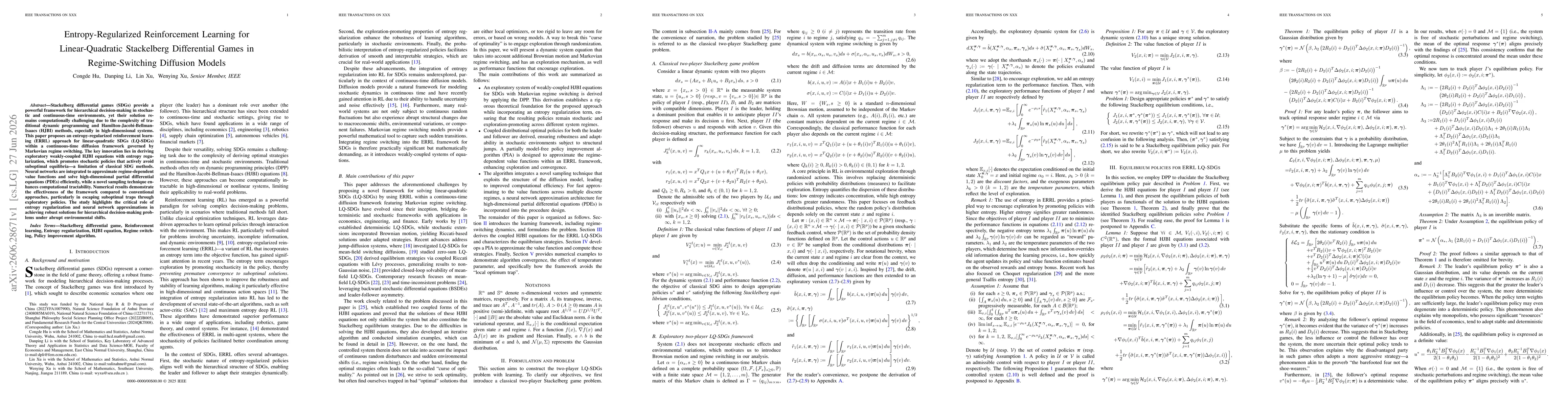 Thumbnail for Entropy-Regularized Reinforcement Learning for Linear-Quadratic Stackelberg Differential Games in Regime-Switching Diffusion Models