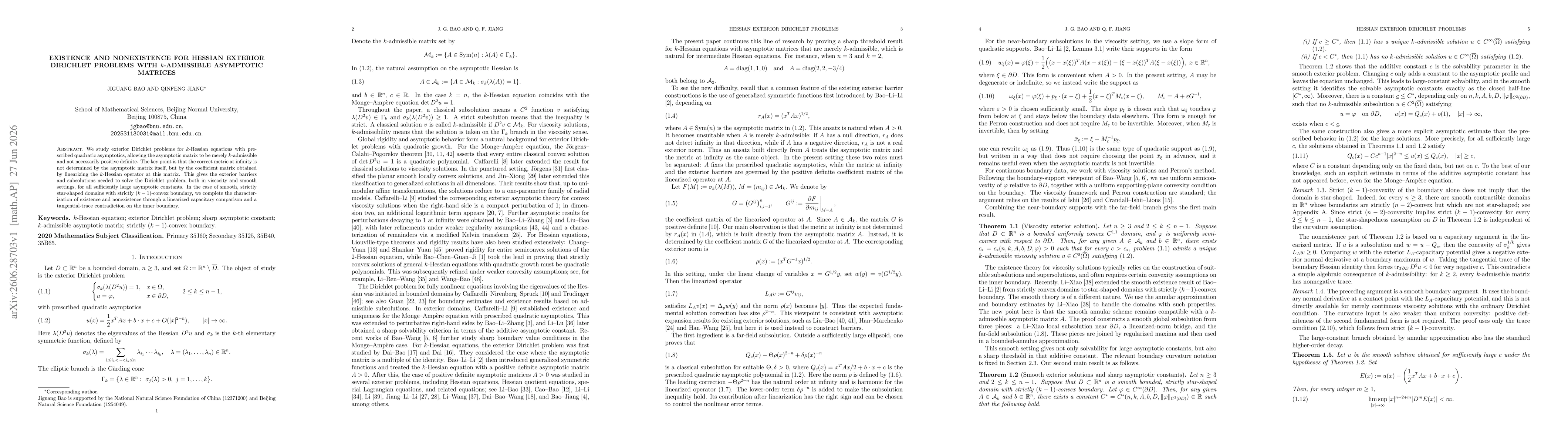 Thumbnail for Existence and Nonexistence for Hessian Exterior Dirichlet Problems with \(k\)-Admissible Asymptotic Matrices