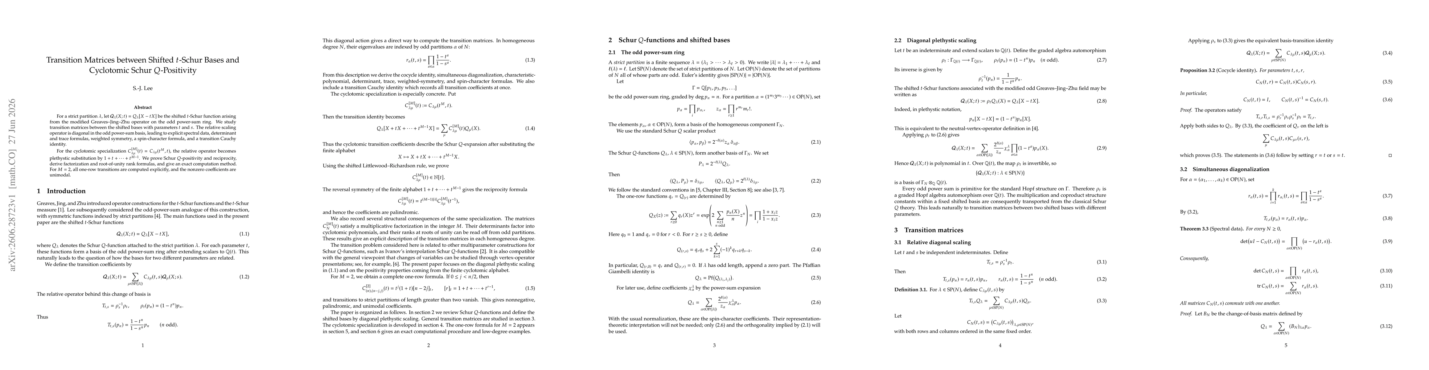 Thumbnail for Transition Matrices between Shifted $t$-Schur Bases and Cyclotomic Schur $Q$-Positivity