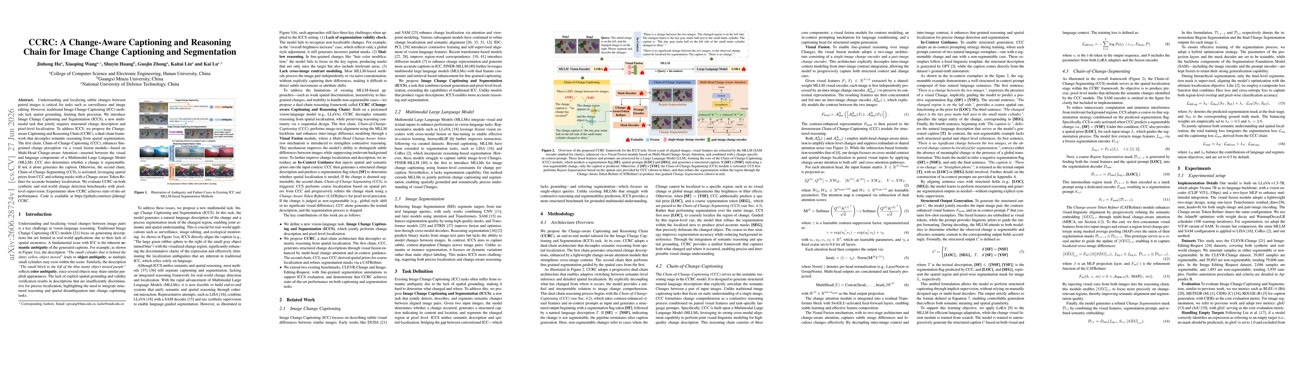 Thumbnail for CCRC: A Change-Aware Captioning and Reasoning Chain for Image Change Captioning and Segmentation