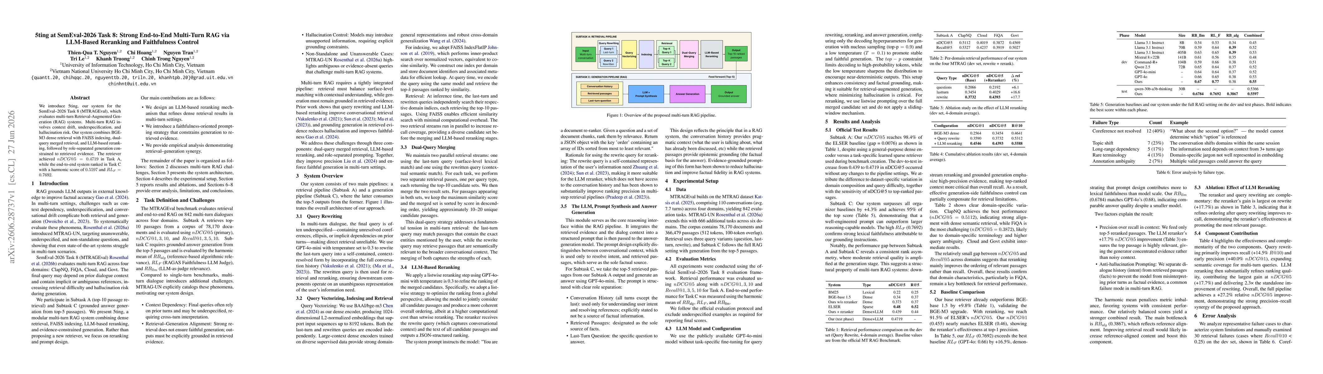 Thumbnail for 5ting at SemEval-2026 Task 8: Strong End-to-End Multi-Turn RAG via LLM-Based Reranking and Faithfulness Control