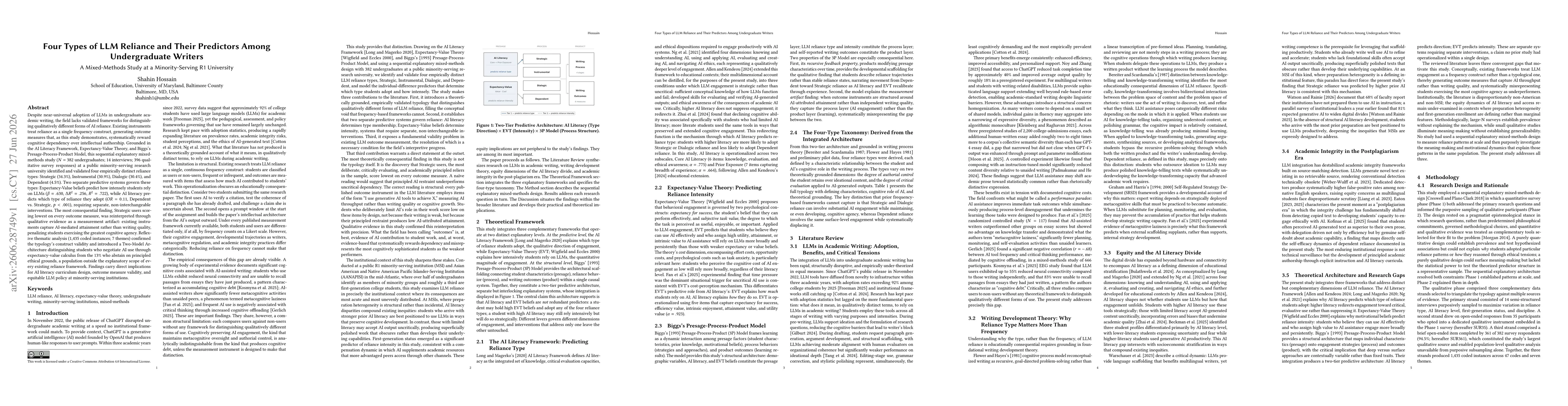 Thumbnail for Four Types of LLM Reliance and Their Predictors Among Undergraduate Writers: A Mixed-Methods Study at a Minority-Serving R1 University