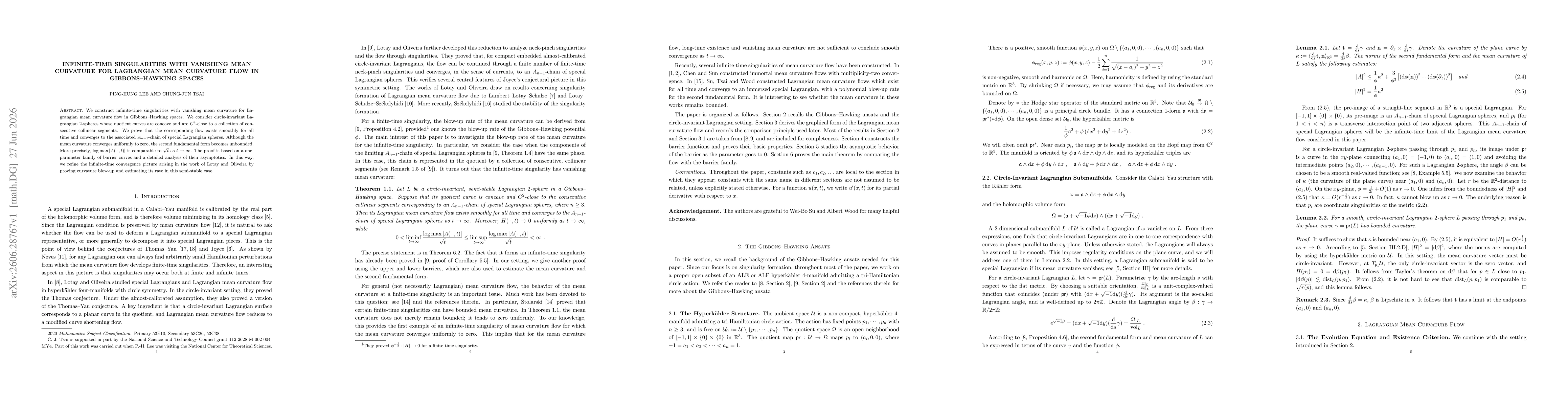 Thumbnail for Infinite-Time Singularities with Vanishing Mean Curvature for Lagrangian Mean Curvature Flow in Gibbons--Hawking Spaces