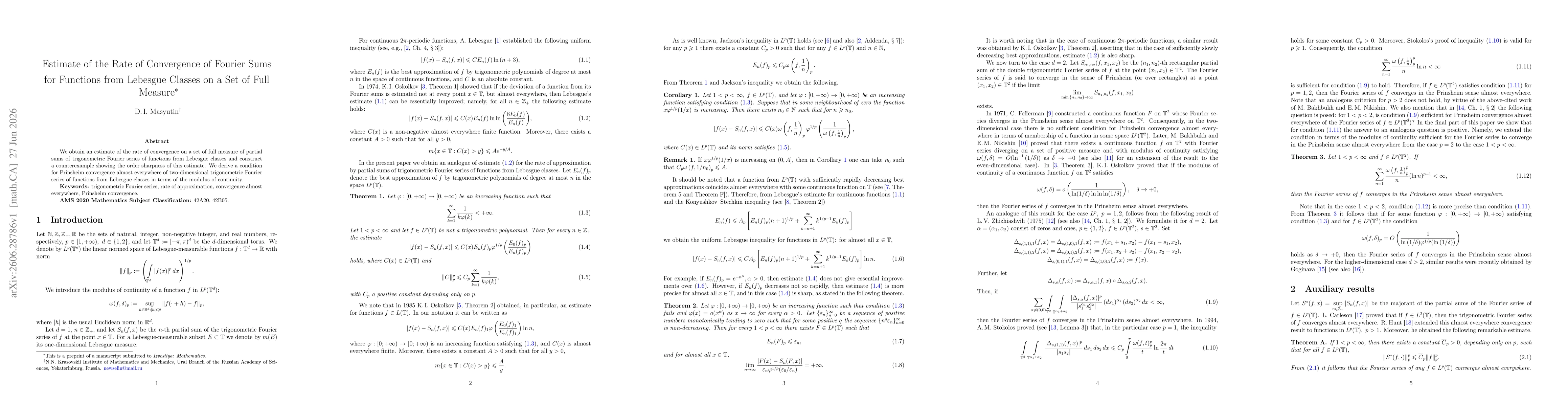 Thumbnail for Estimate of the Rate of Convergence of Fourier Sums for Functions from Lebesgue Classes on a Set of Full Measure