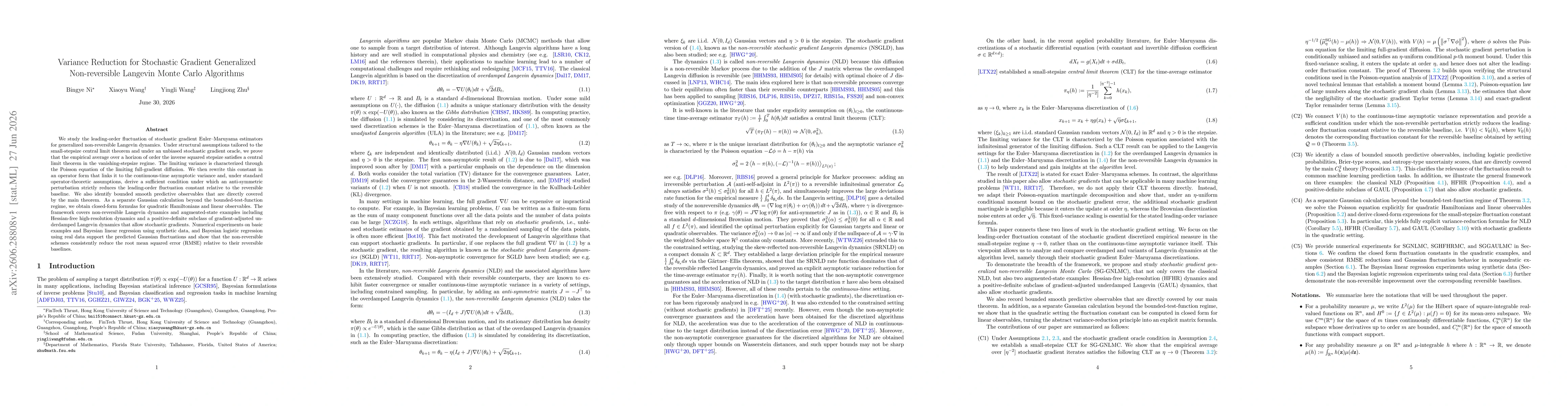 Thumbnail for Variance Reduction for Stochastic Gradient Generalized Non-reversible Langevin Monte Carlo Algorithms