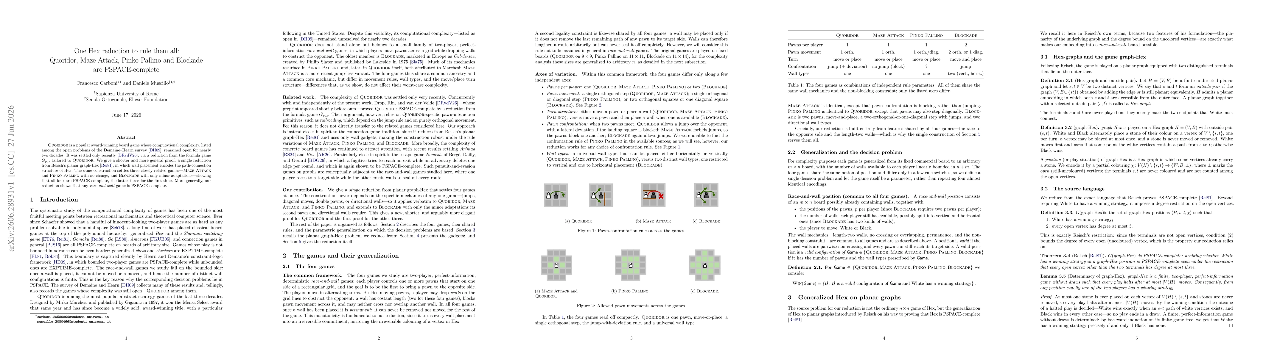 Thumbnail for One Hex reduction to rule them all: Quoridor, Maze Attack, Pinko Pallino and Blockade are PSPACE-complete