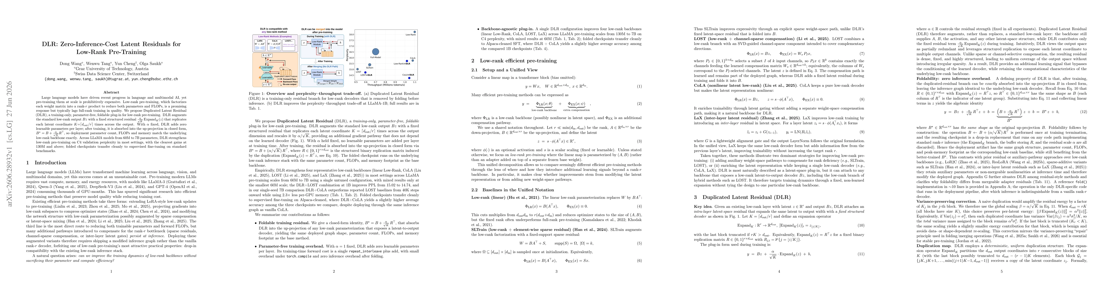 Thumbnail for DLR: Zero-Inference-Cost Latent Residuals for Low-Rank Pre-Training