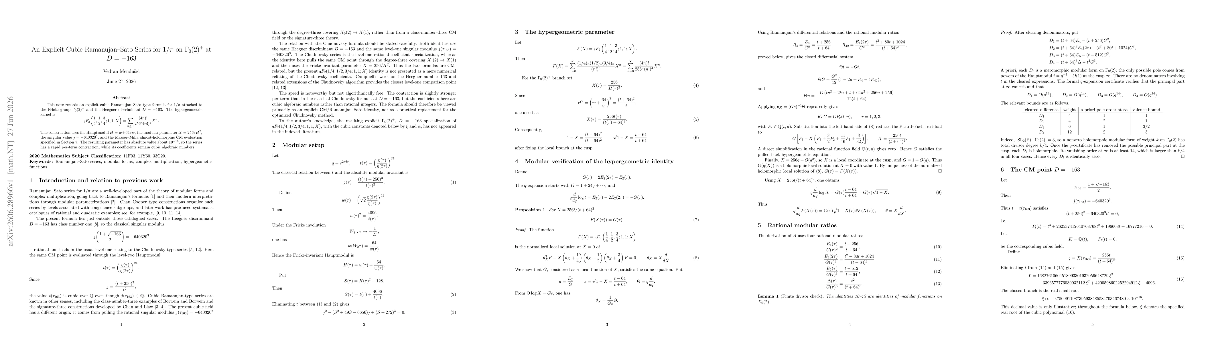 Thumbnail for An Explicit Cubic Ramanujan--Sato Series for $1/π$ on $Γ_0(2)^+$ at $D=-163$