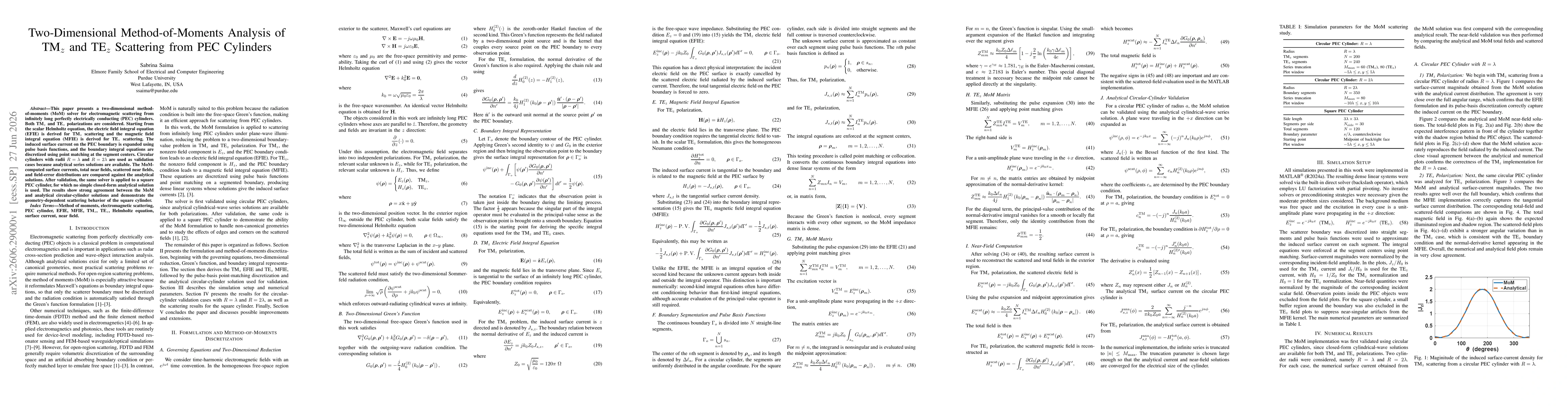 Thumbnail for Two-Dimensional Method-of-Moments Analysis of TMz and TEz Scattering from PEC Cylinders
