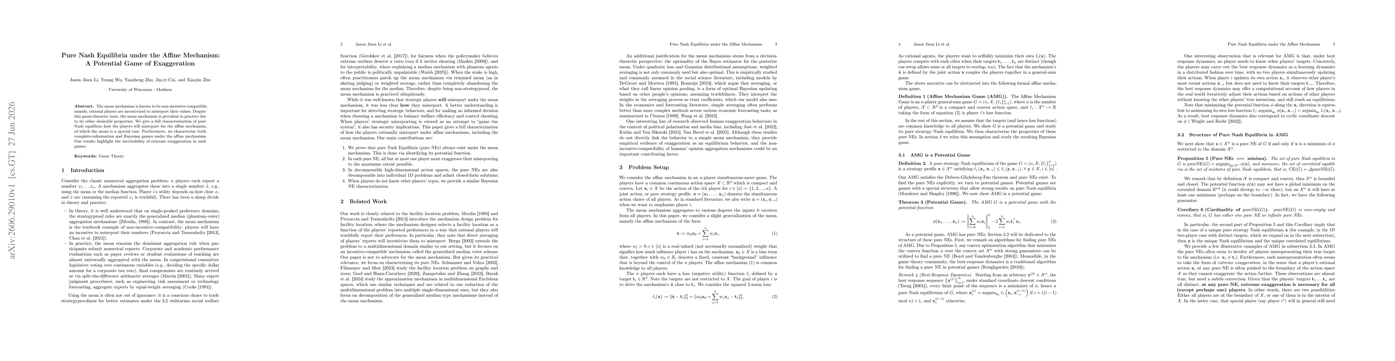 Thumbnail for Pure Nash Equilibria under the Affine Mechanism: A Potential Game of Exaggeration