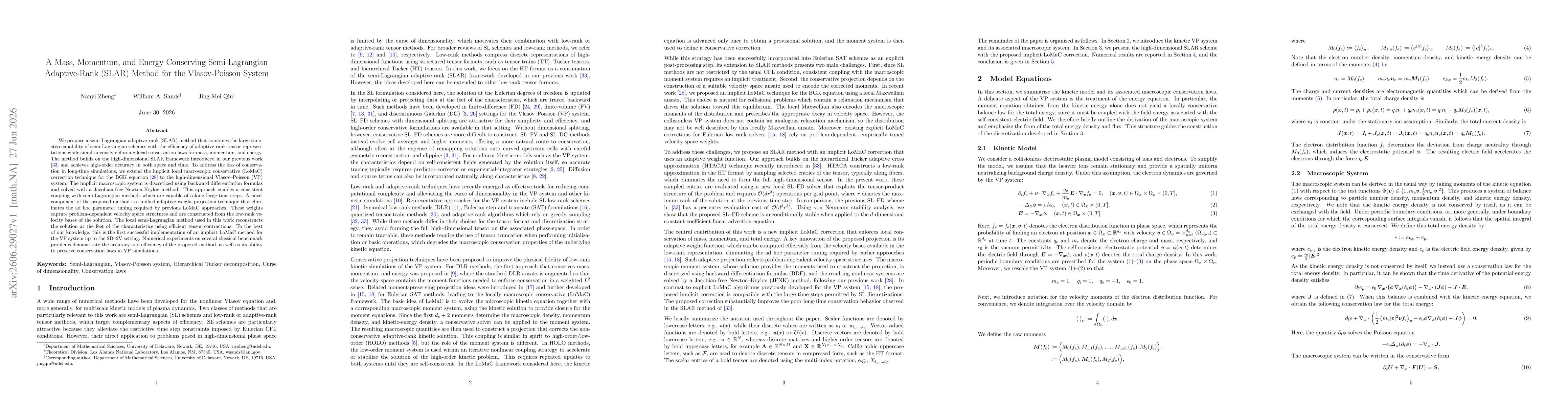 Thumbnail for A Mass, Momentum, and Energy Conserving Semi-Lagrangian Adaptive-Rank (SLAR) Method for the Vlasov-Poisson System