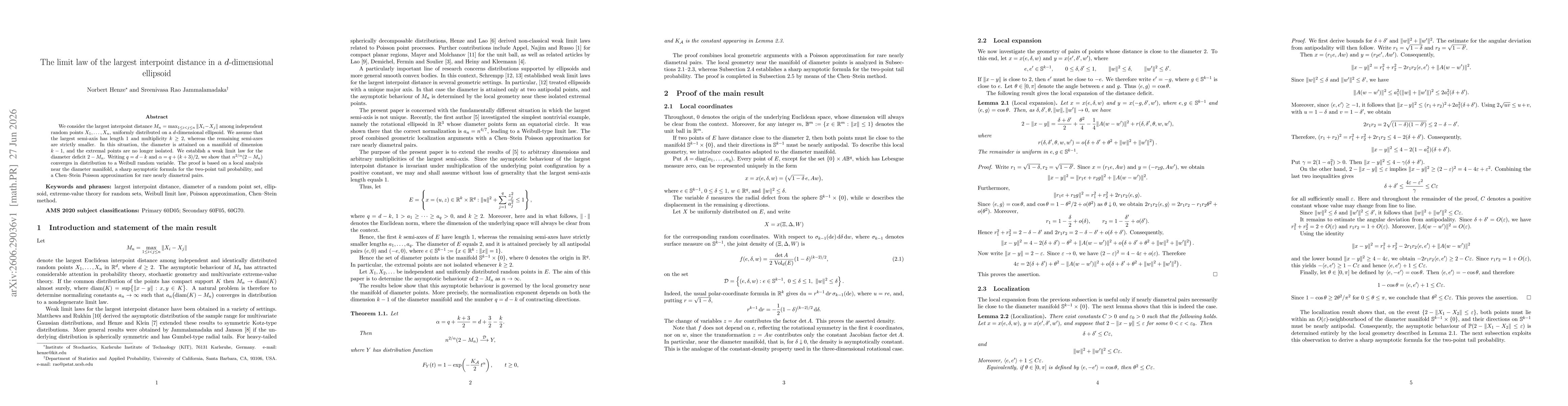 Thumbnail for The limit law of the largest interpoint distance in a $d$-dimensional ellipsoid