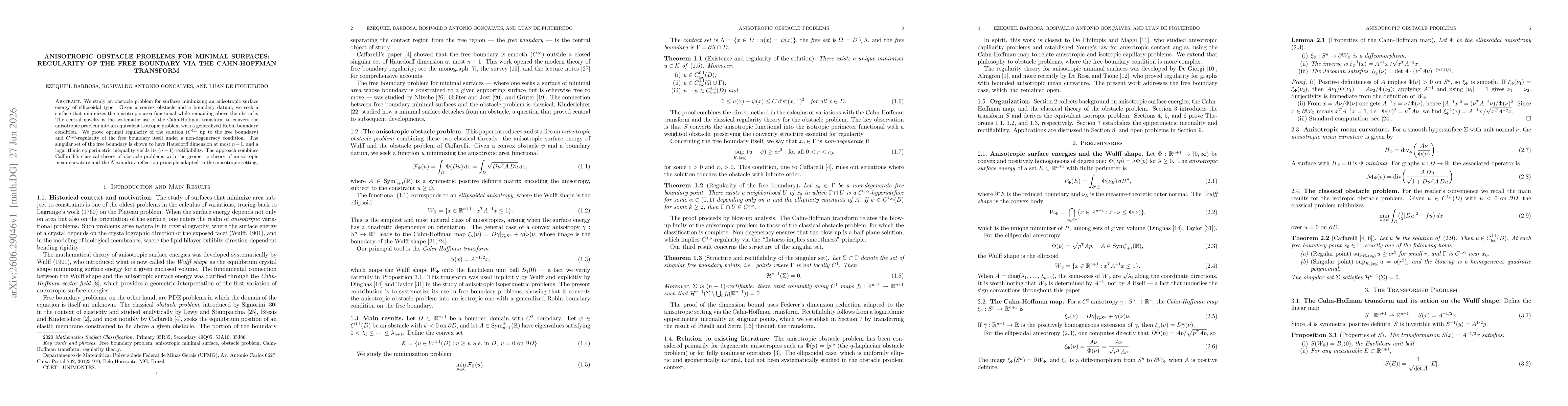 Thumbnail for Anisotropic Obstacle Problems for Minimal Surfaces: Regularity of the Free Boundary via the Cahn-Hoffman Transform