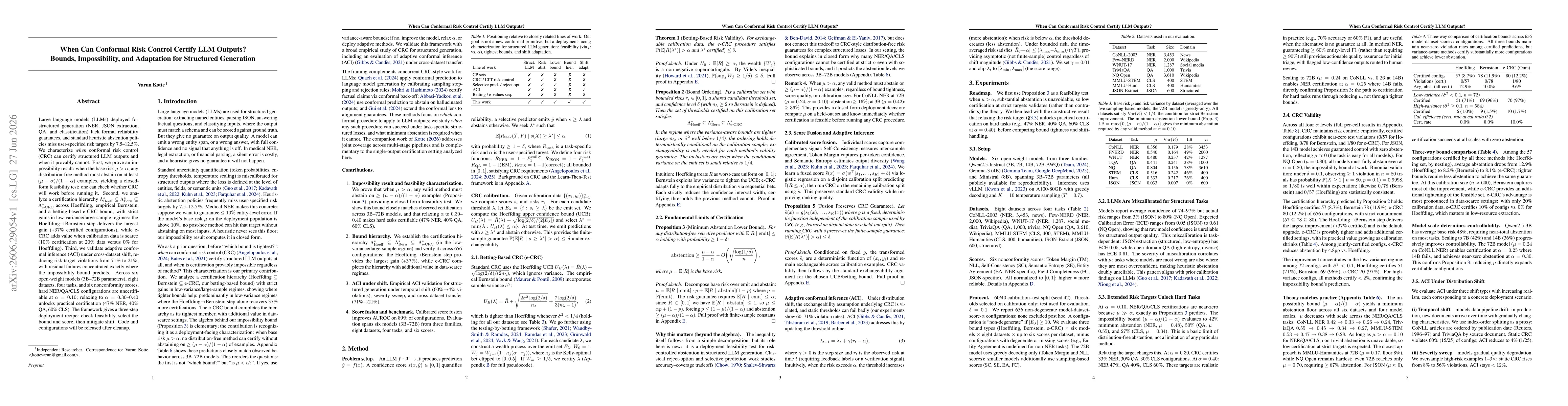 Thumbnail for When Can Conformal Risk Control Certify LLM Outputs? Bounds, Impossibility, and Adaptation for Structured Generation