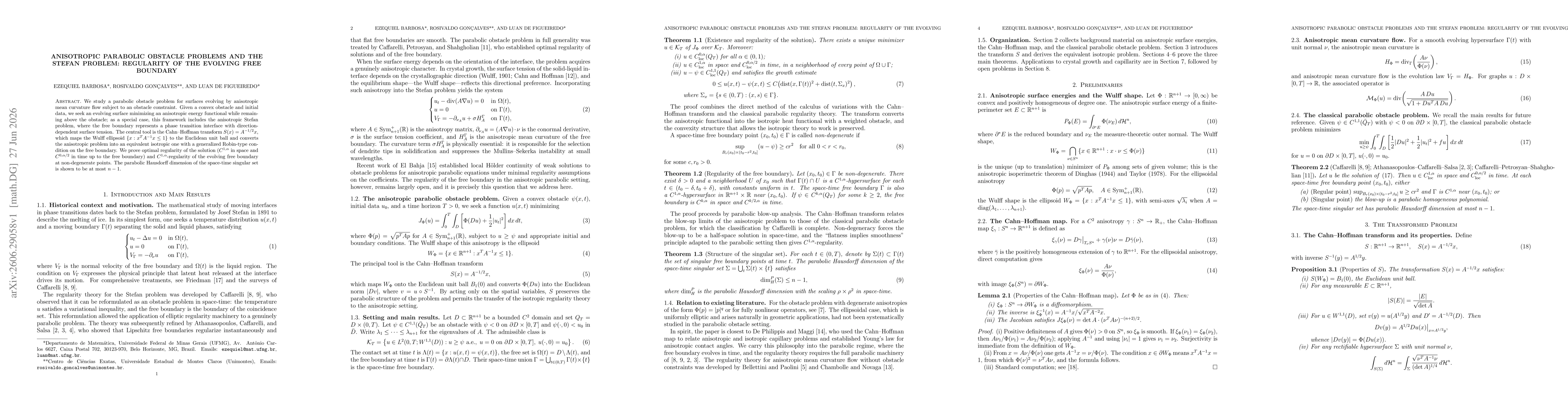 Thumbnail for Anisotropic Parabolic Obstacle Problems and the Stefan Problem: Regularity of the Evolving Free Boundary