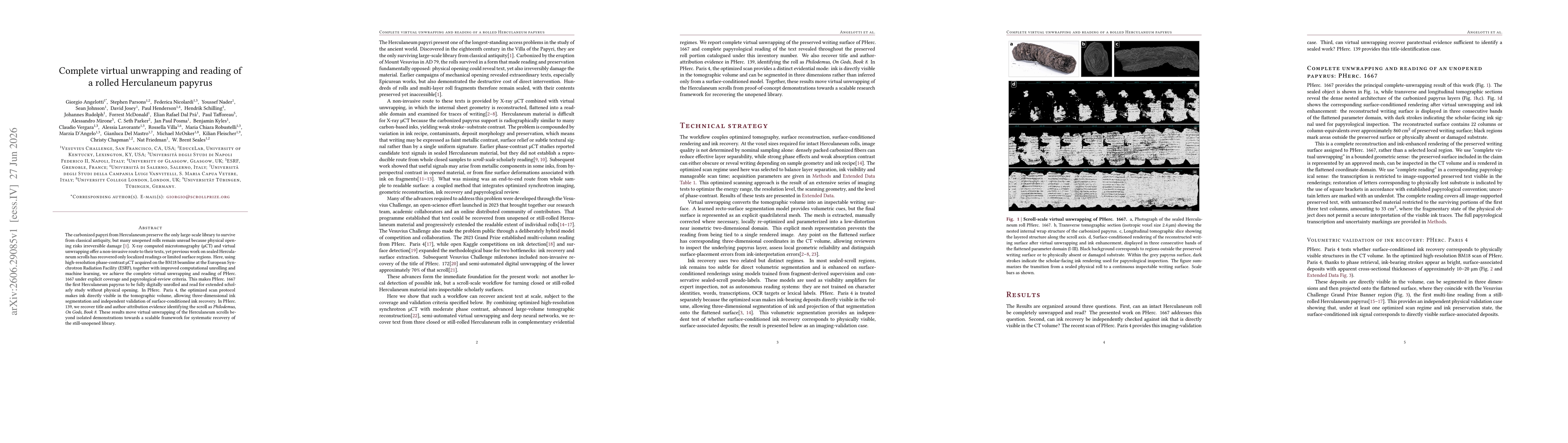 Thumbnail for Complete virtual unwrapping and reading of a rolled Herculaneum papyrus