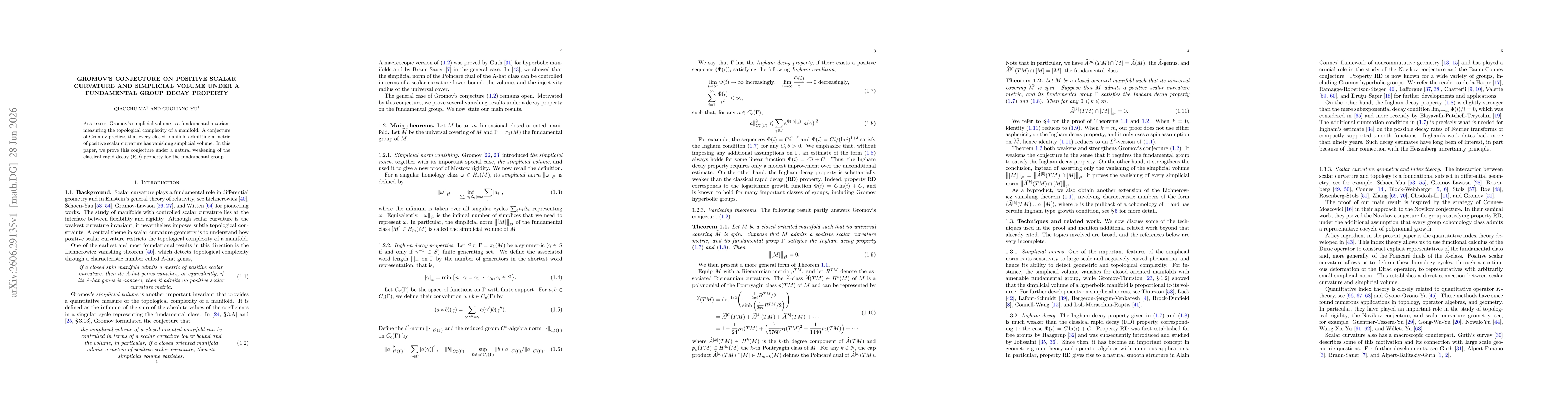 Thumbnail for Gromov's Conjecture on Positive Scalar Curvature and Simplicial Volume under a Fundamental Group Decay Property