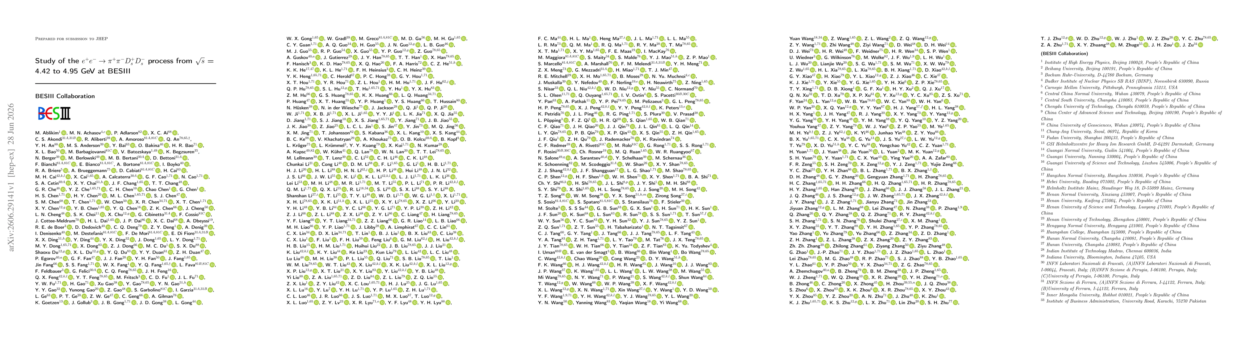 Thumbnail for Study of the $e^+e^-\to π^+π^-D_s^+D_s^-$ process from $\sqrt{s}$ = 4.42 to 4.95 GeV at BESIII