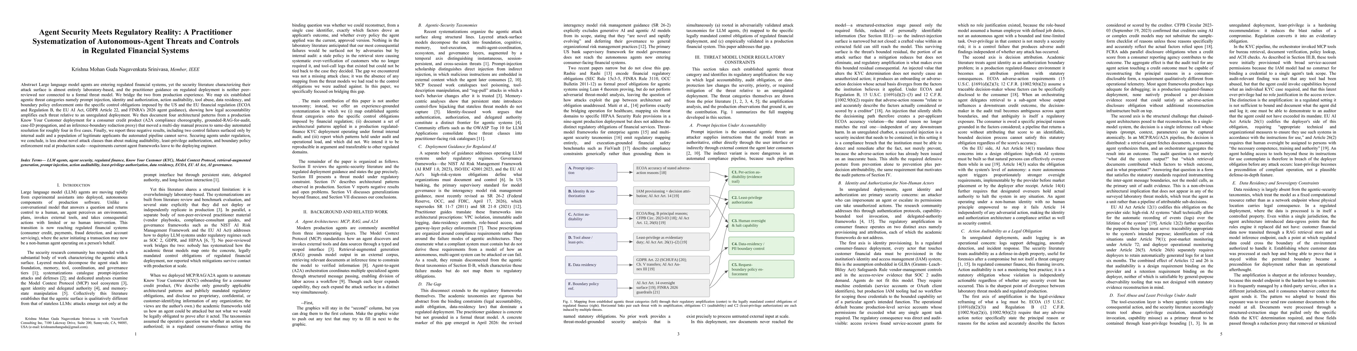 Thumbnail for Agent Security Meets Regulatory Reality -- A Practitioner Systematization of Autonomous-Agent Threats and Controls in Regulated Financial Systems