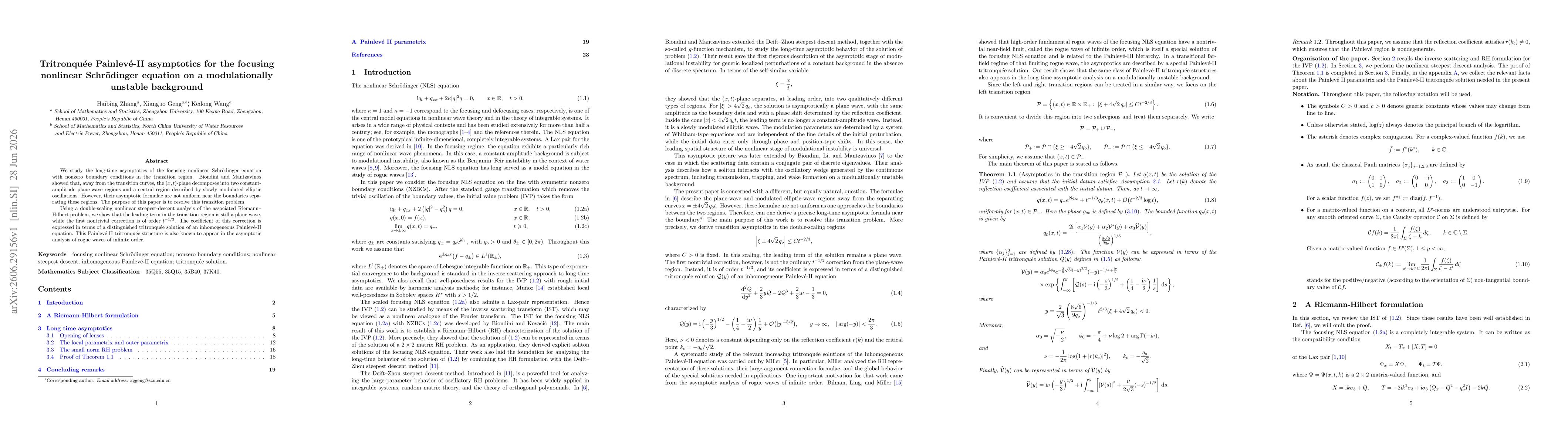 Thumbnail for Tritronquée Painlevé-II asymptotics for the focusing nonlinear Schrödinger equation on a modulationally unstable background