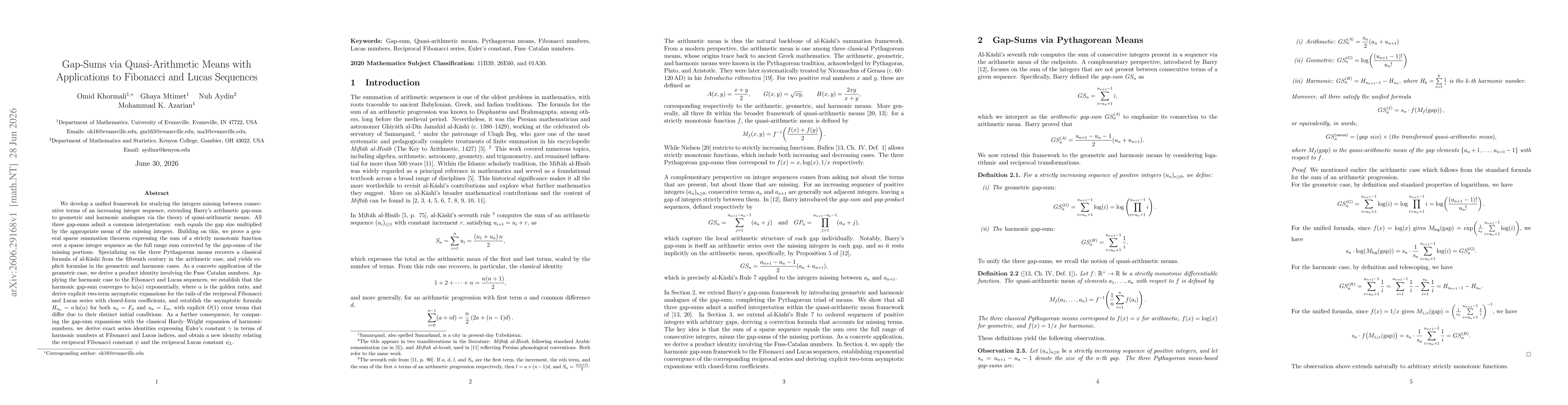 Thumbnail for Gap-Sums via Quasi-Arithmetic Means with Applications to Fibonacci and Lucas Sequences