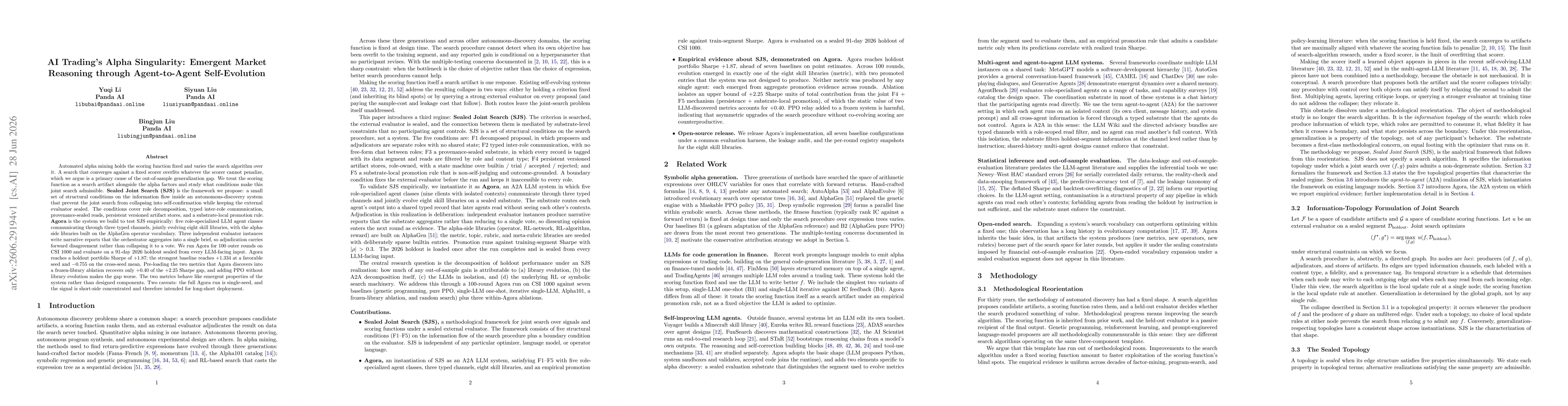 Thumbnail for AI Trading's Alpha Singularity: Emergent Market Reasoning through Agent-to-Agent Self-Evolution