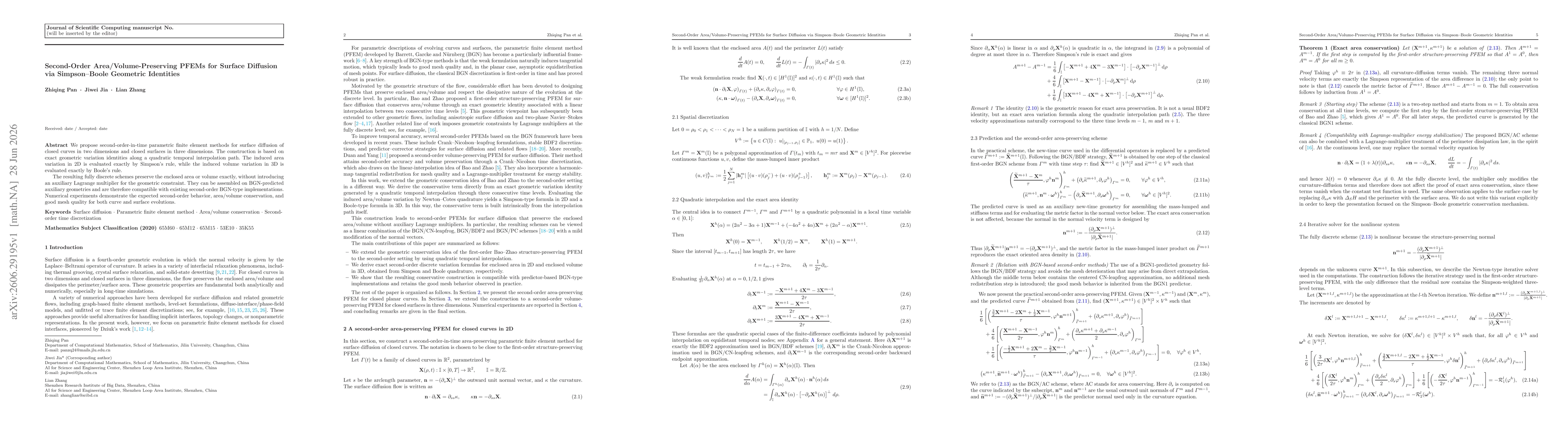 Thumbnail for Second-Order Area/Volume-Preserving PFEMs for Surface Diffusion via Simpson--Boole Geometric Identities