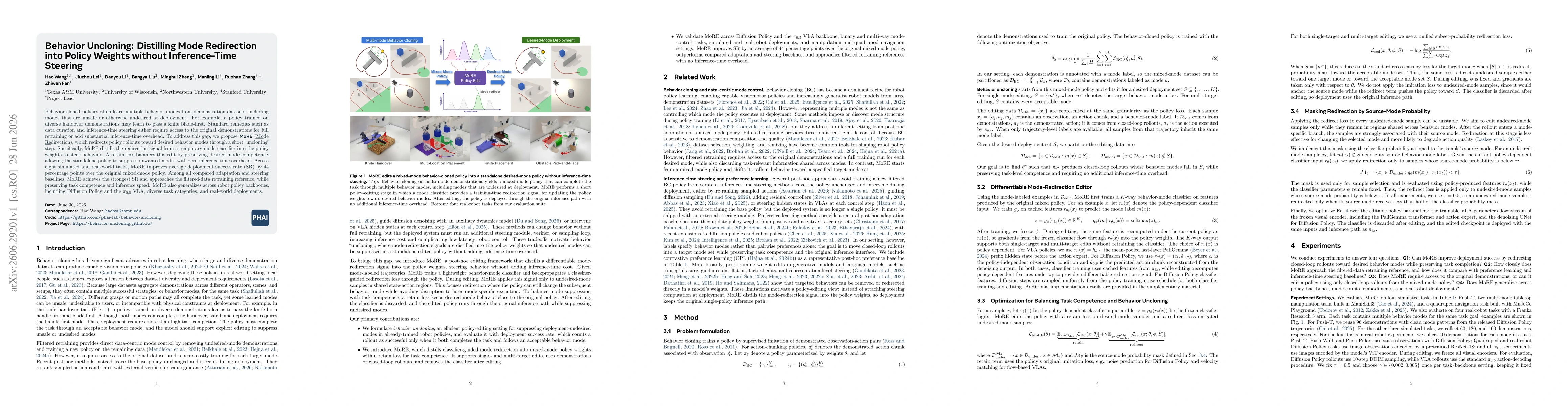 Thumbnail for Behavior Uncloning: Distilling Mode Redirection into Policy Weights without Inference-Time Steering