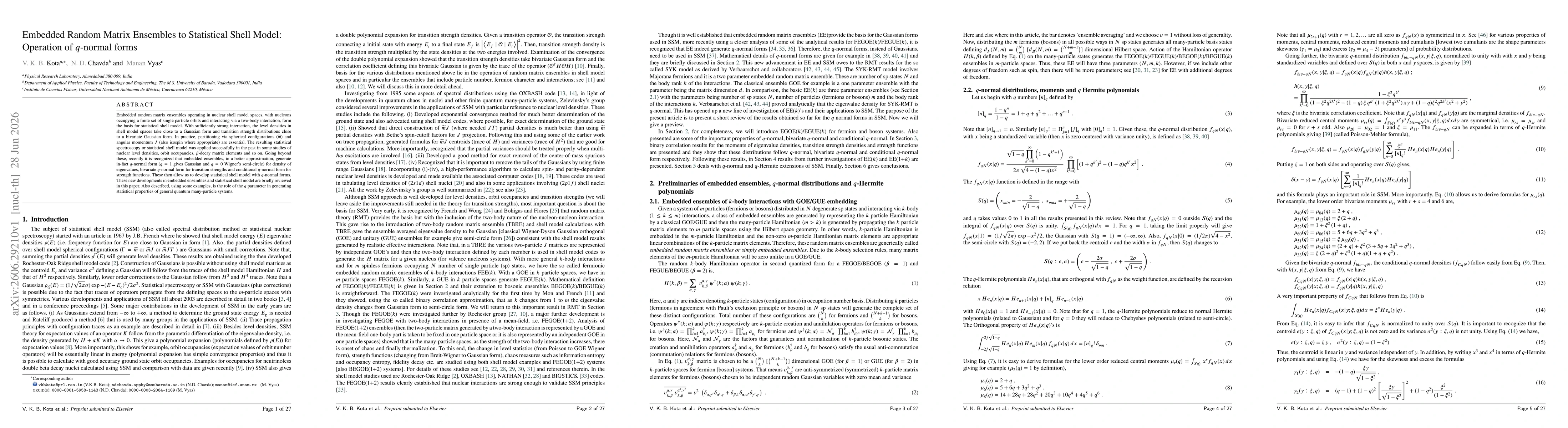 Thumbnail for Embedded Random Matrix Ensembles to Statistical Shell Model: Operation of $q$-normal forms