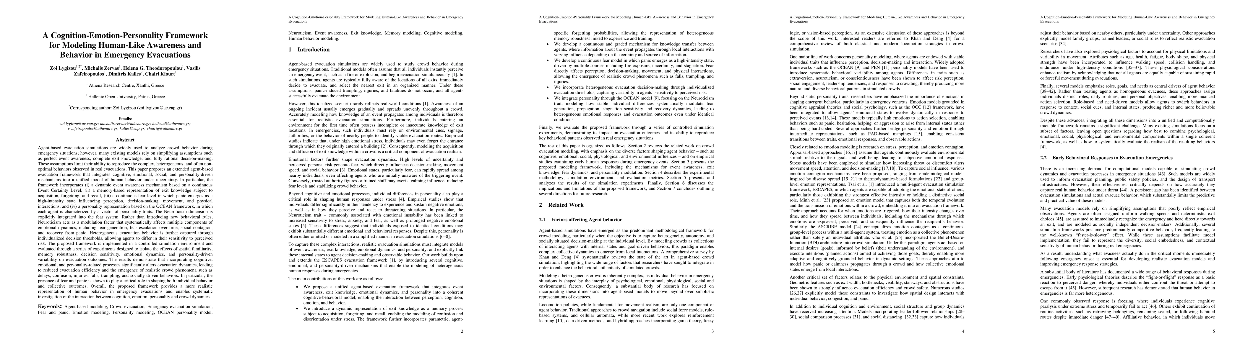 Thumbnail for A Cognition-Emotion-Personality Framework for Modeling Human-Like Awareness and Behavior in Emergency Evacuations
