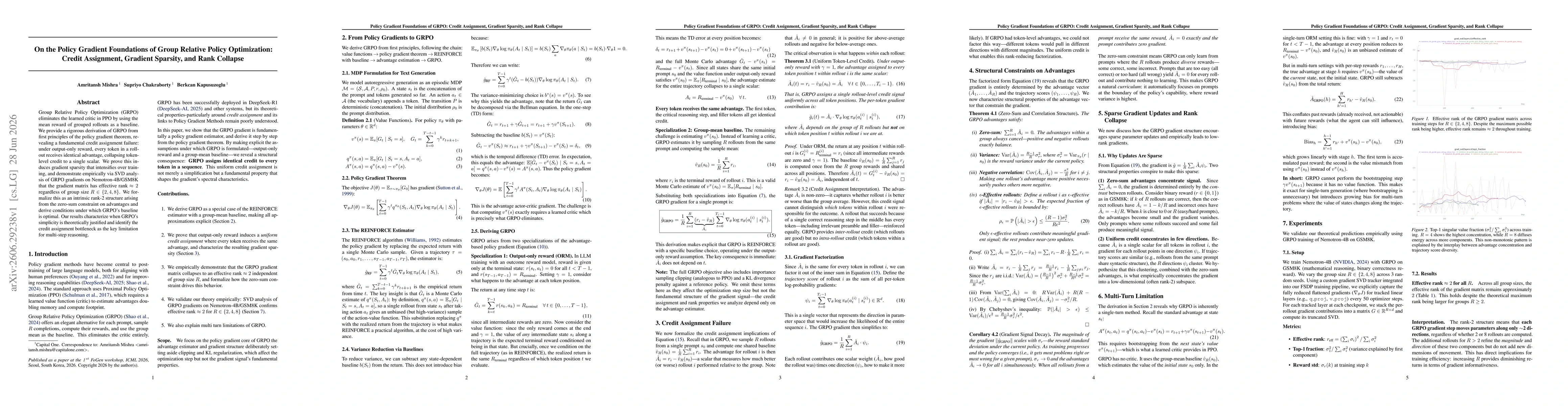 Thumbnail for On the Policy Gradient Foundations of Group Relative Policy Optimization: Credit Assignment, Gradient Sparsity, and Rank Collapse