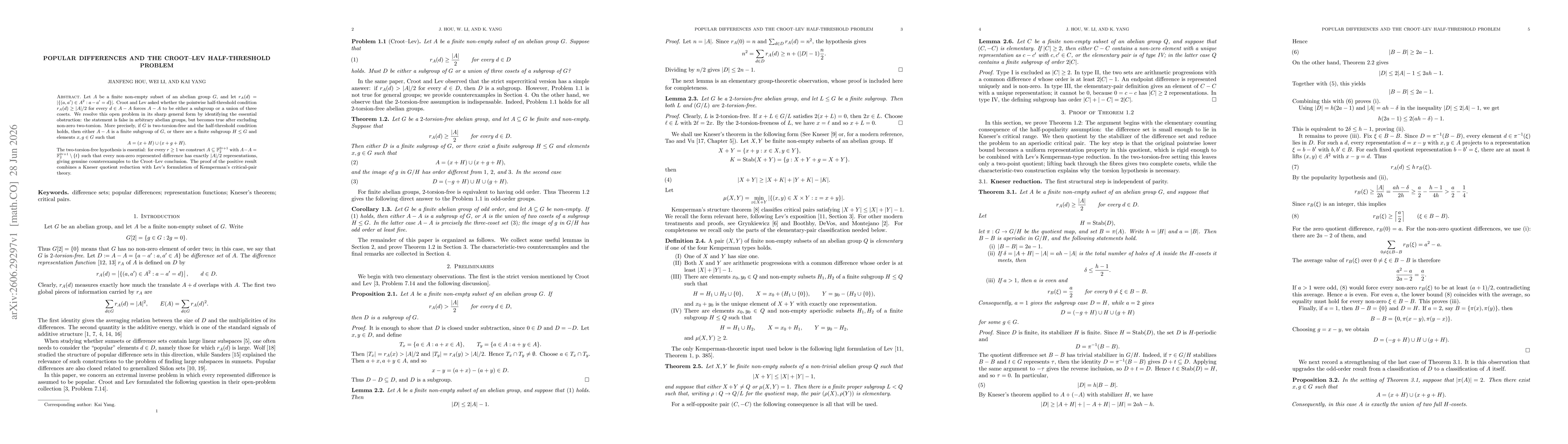 Thumbnail for Popular Differences and the Croot--Lev Half-Threshold Problem