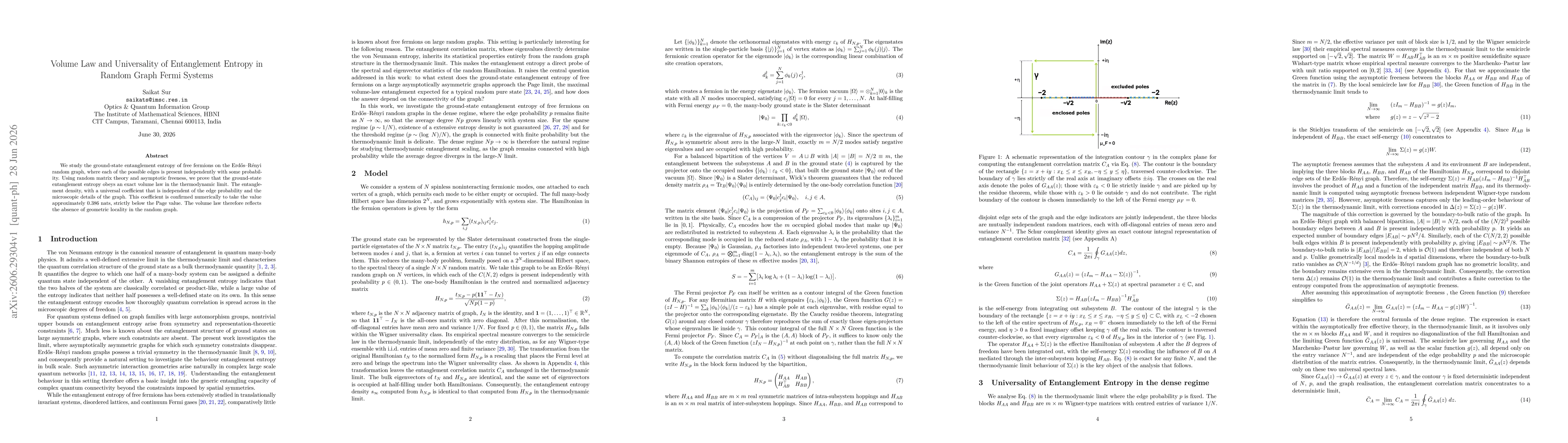Thumbnail for Volume Law and Universality of Entanglement Entropy in Random Graph Fermi Systems