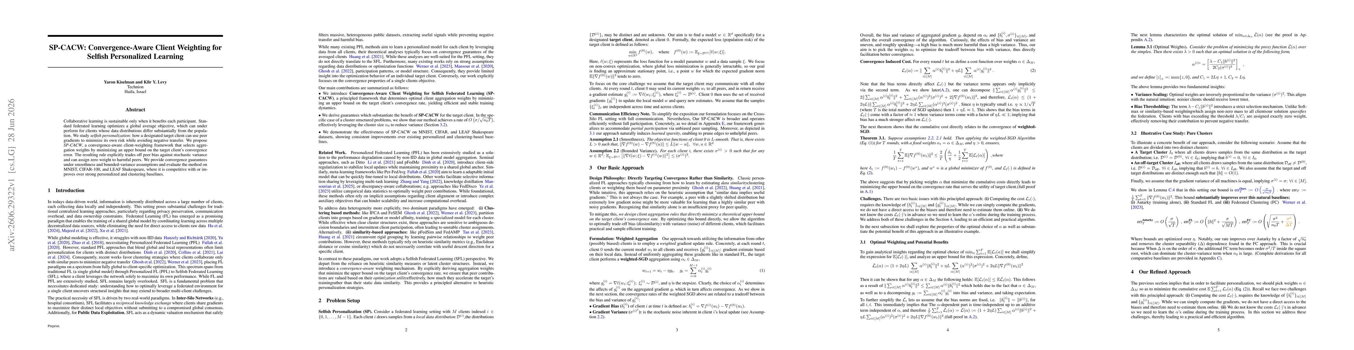Thumbnail for SP-CACW: Convergence-Aware Client Weighting for Selfish Personalized Learning