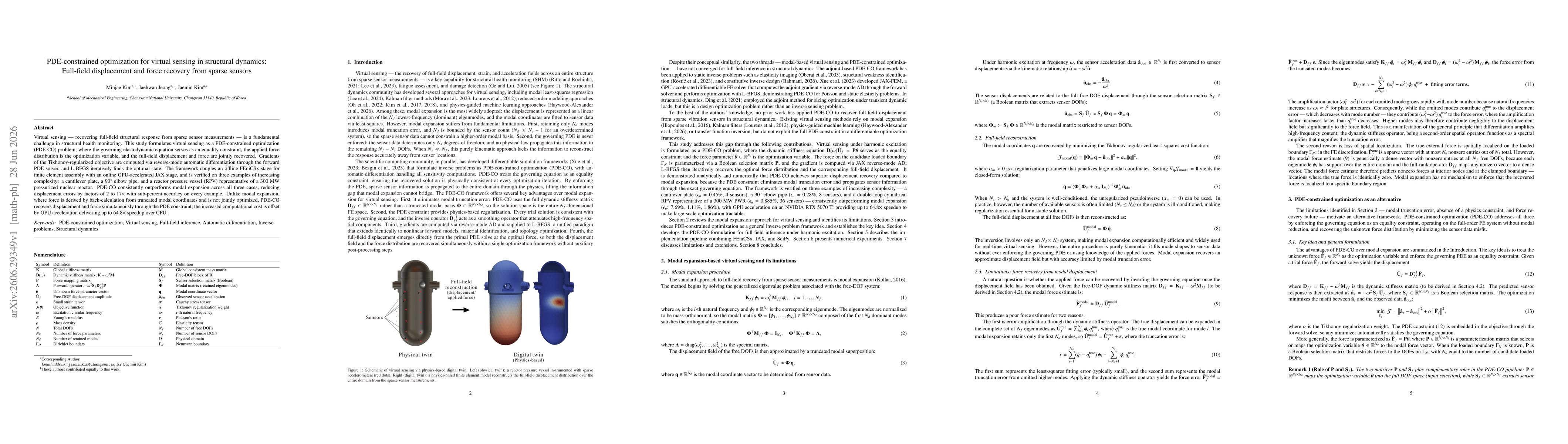 Thumbnail for PDE-constrained optimization for virtual sensing in structural dynamics: Full-field displacement and force recovery from sparse sensors