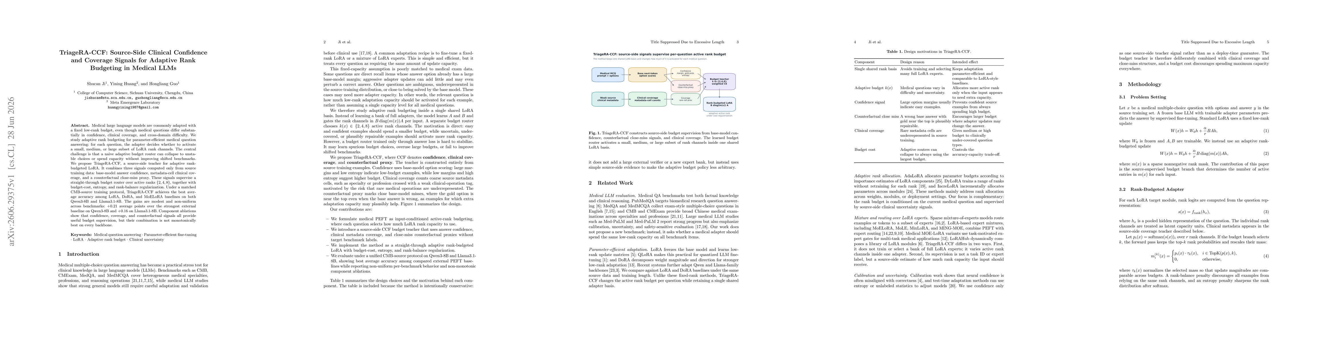 Thumbnail for TriageRA-CCF: Source-Side Clinical Confidence and Coverage Signals for Adaptive Rank Budgeting in Medical LLMs