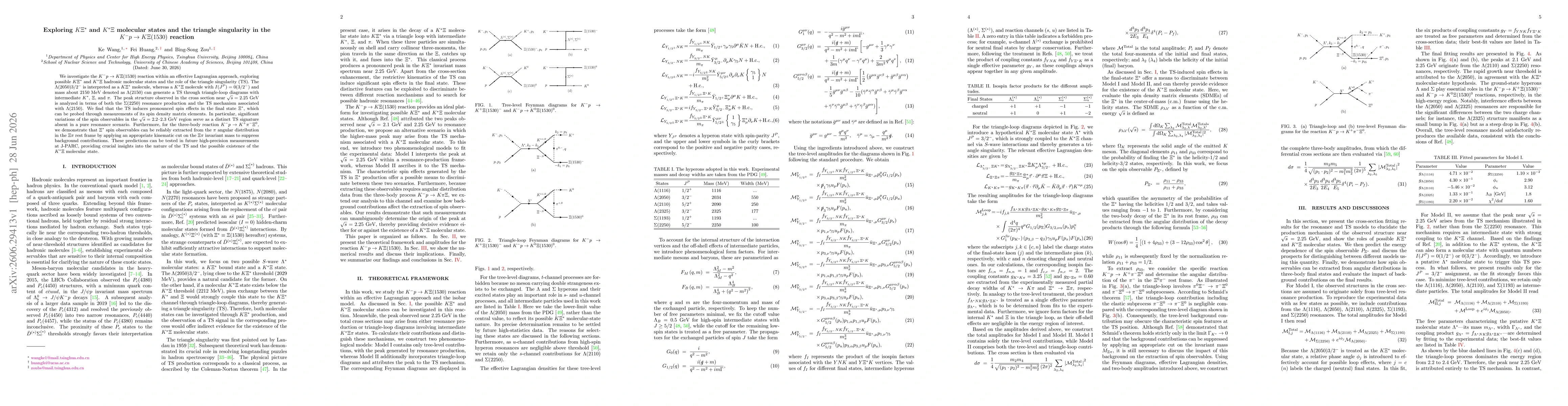 Thumbnail for Exploring $KΞ^*$ and $K^*Ξ$ molecular states and the triangle singularity in the $K^- p \to K Ξ(1530)$ reaction