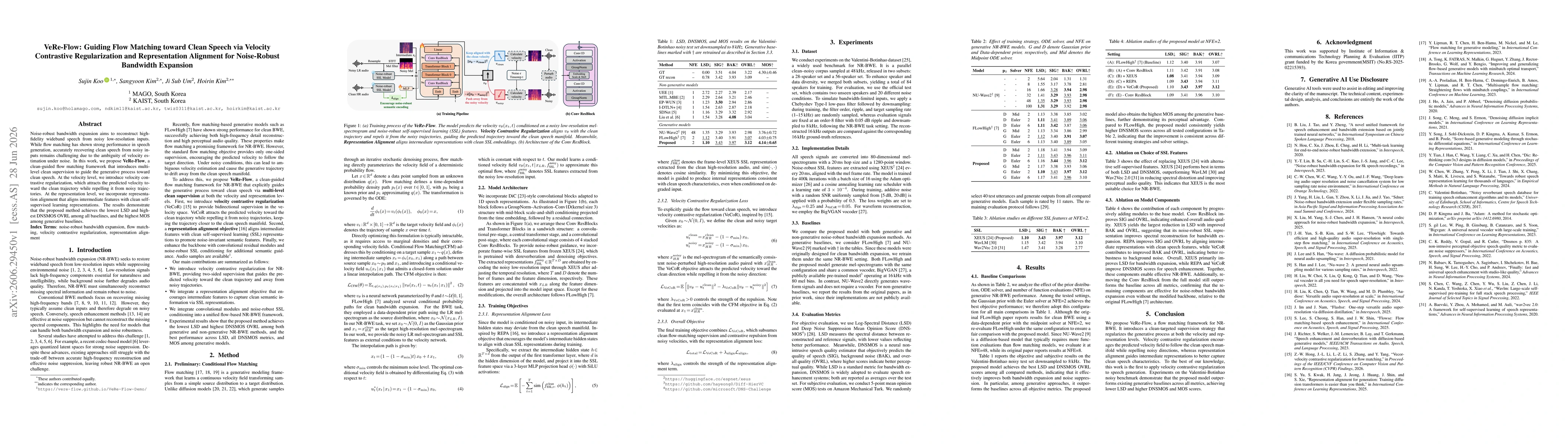 Thumbnail for VeRe-Flow: Guiding Flow Matching toward Clean Speech via Velocity Contrastive Regularization and Representation Alignment for Noise-Robust Bandwidth Expansion