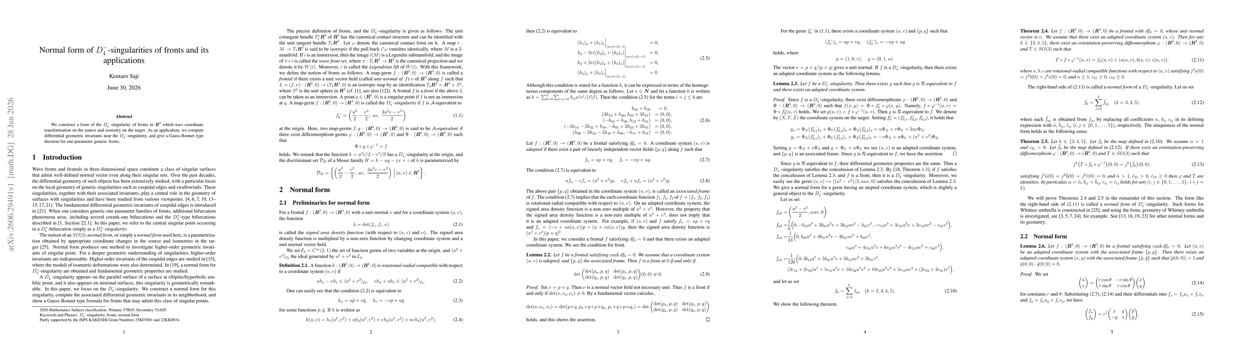 Thumbnail for Normal form of $D_4^-$-singularities of fronts and its applications