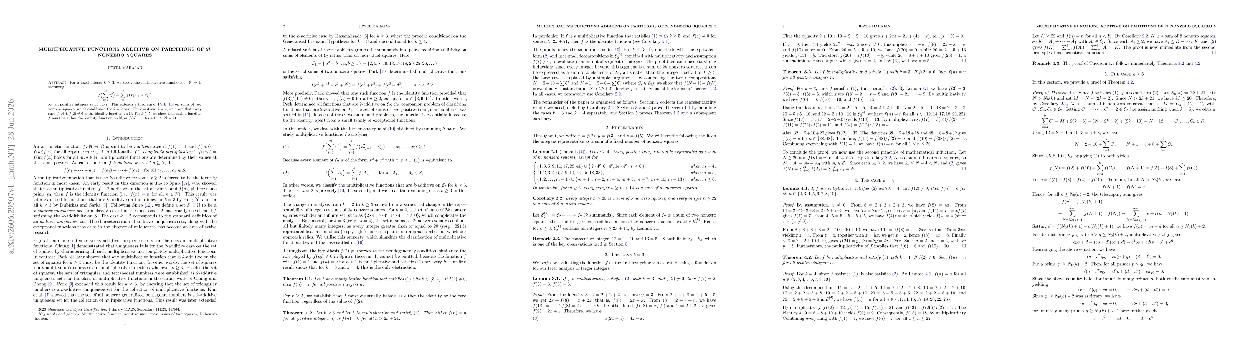 Thumbnail for Multiplicative functions additive on partitions of $2k$ nonzero squares