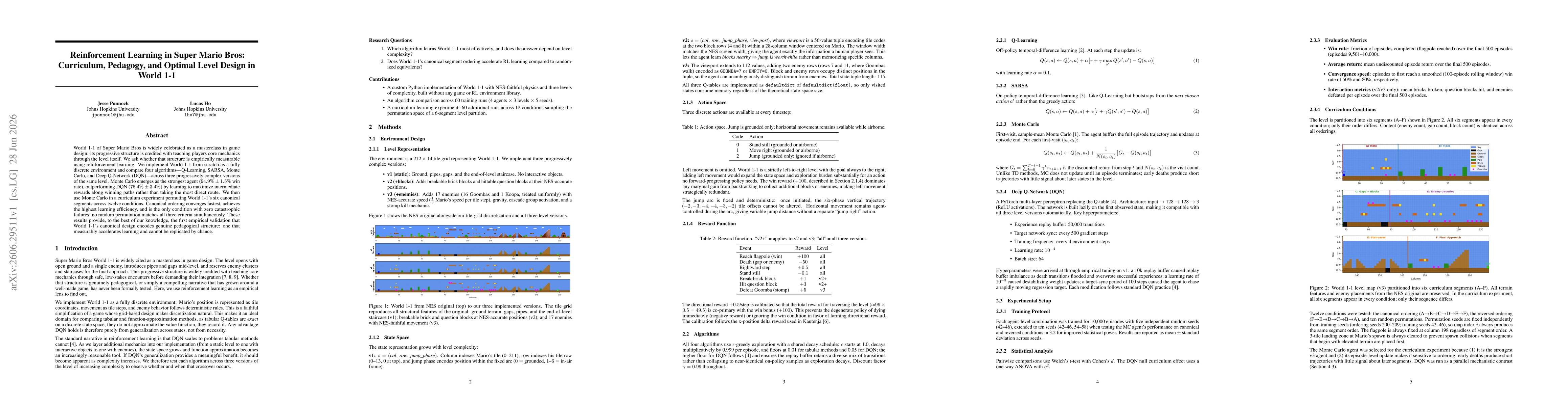 Thumbnail for Reinforcement Learning in Super Mario Bros: Curriculum, Pedagogy, and Optimal Level Design in World 1-1