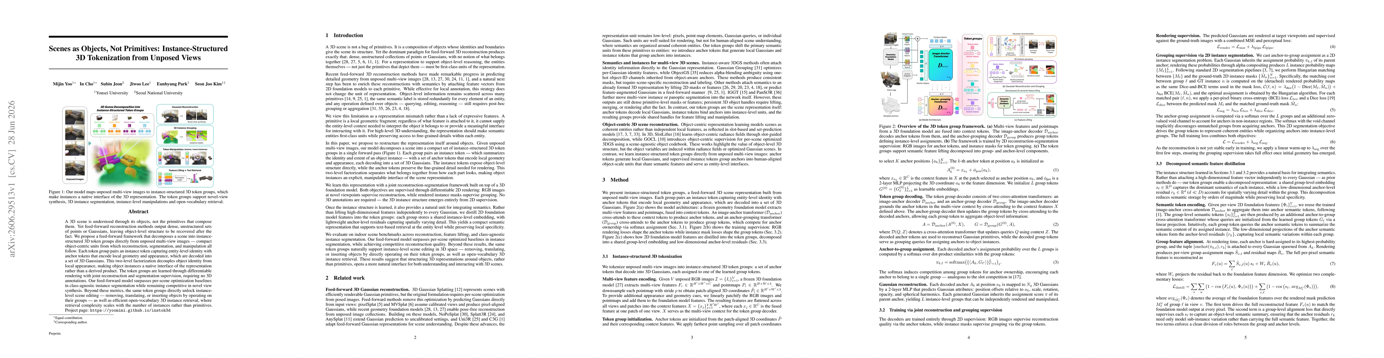 Thumbnail for Scenes as Objects, Not Primitives: Instance-Structured 3D Tokenization from Unposed Views