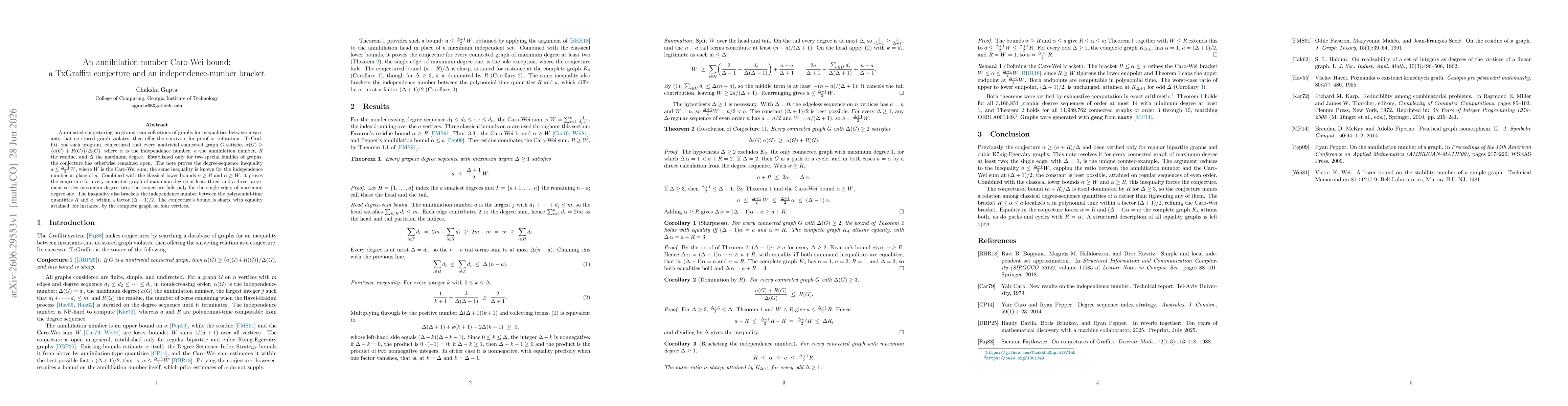 Thumbnail for An annihilation-number Caro-Wei bound: a TxGraffiti conjecture and an independence-number bracket