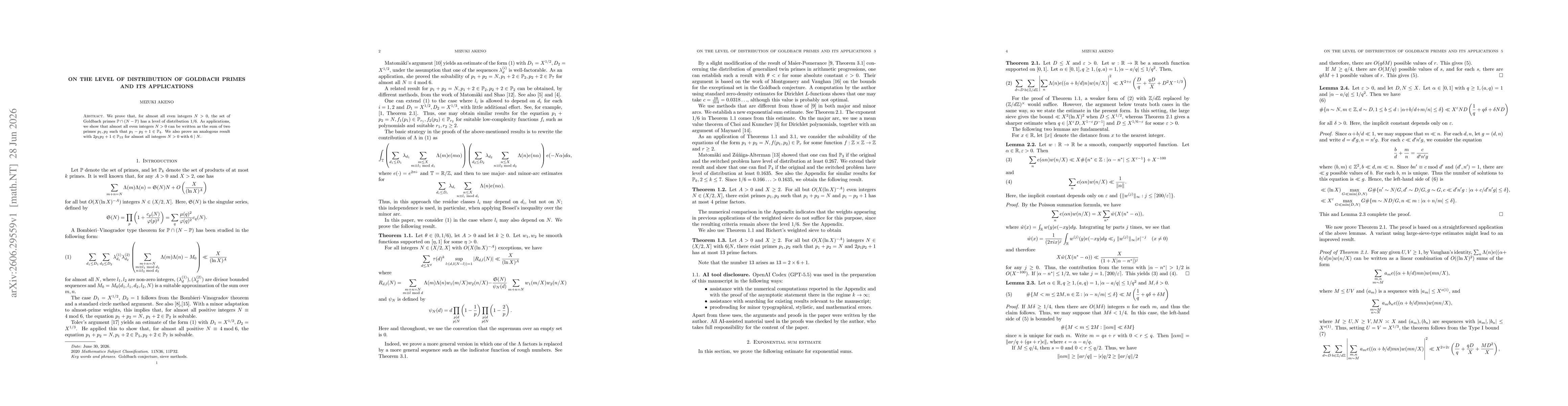 Thumbnail for On the level of distribution of Goldbach primes and its applications