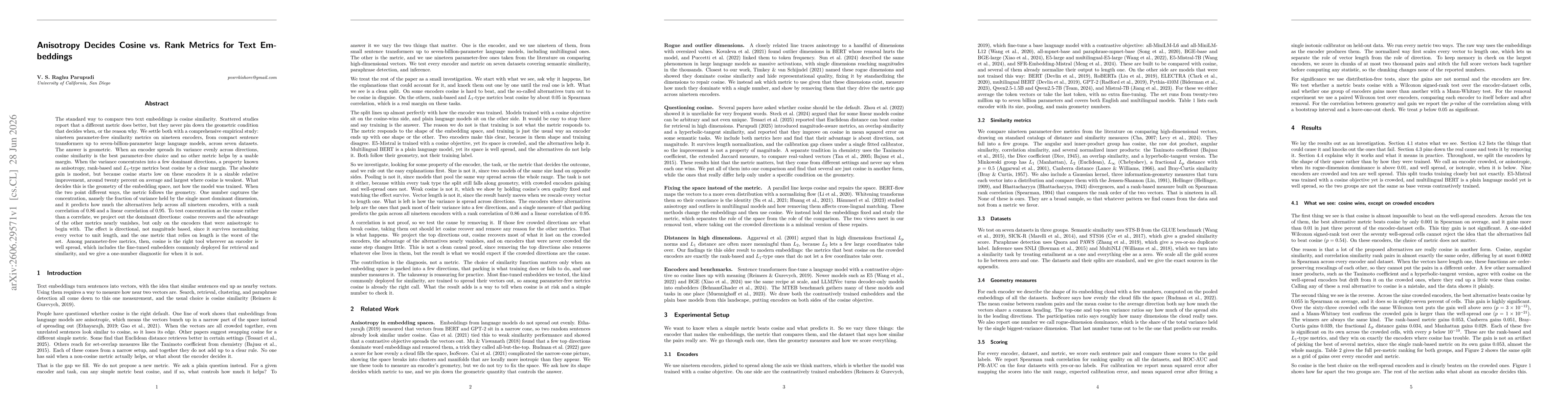 Thumbnail for Anisotropy Decides Cosine vs. Rank Metrics for Text Embeddings