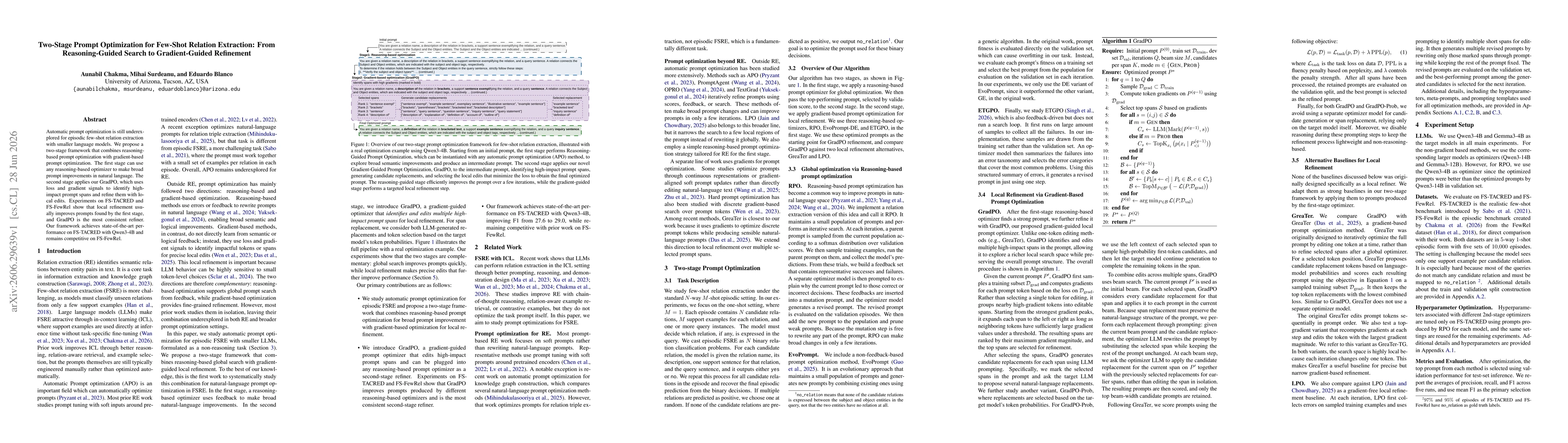 Thumbnail for Two-Stage Prompt Optimization for Few-Shot Relation Extraction: From Reasoning-Guided Search to Gradient-Guided Refinement
