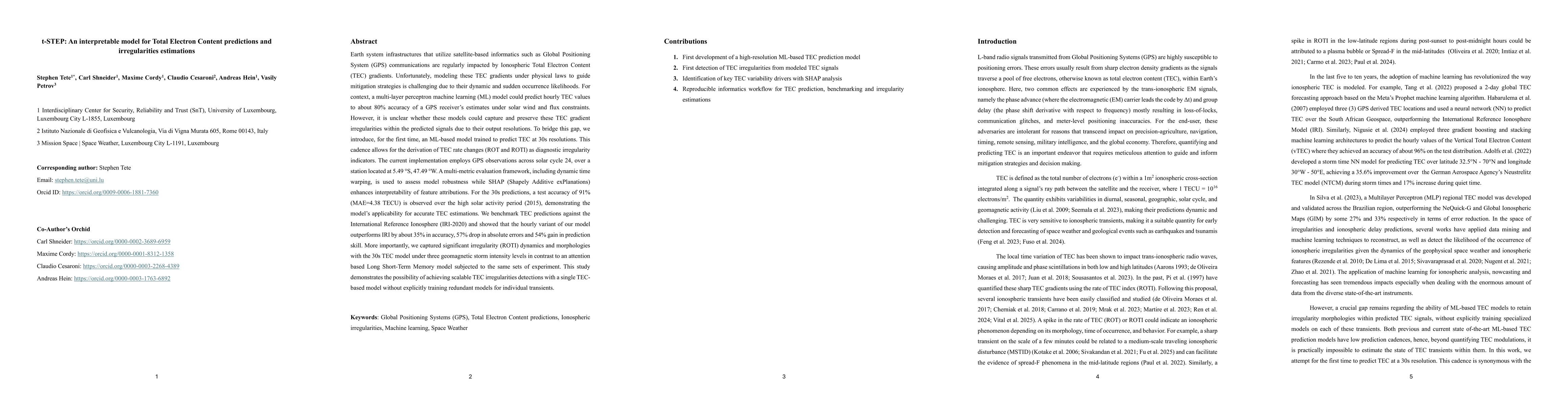 Thumbnail for t-STEP: An interpretable model for Total Electron Content predictions and irregularities estimations