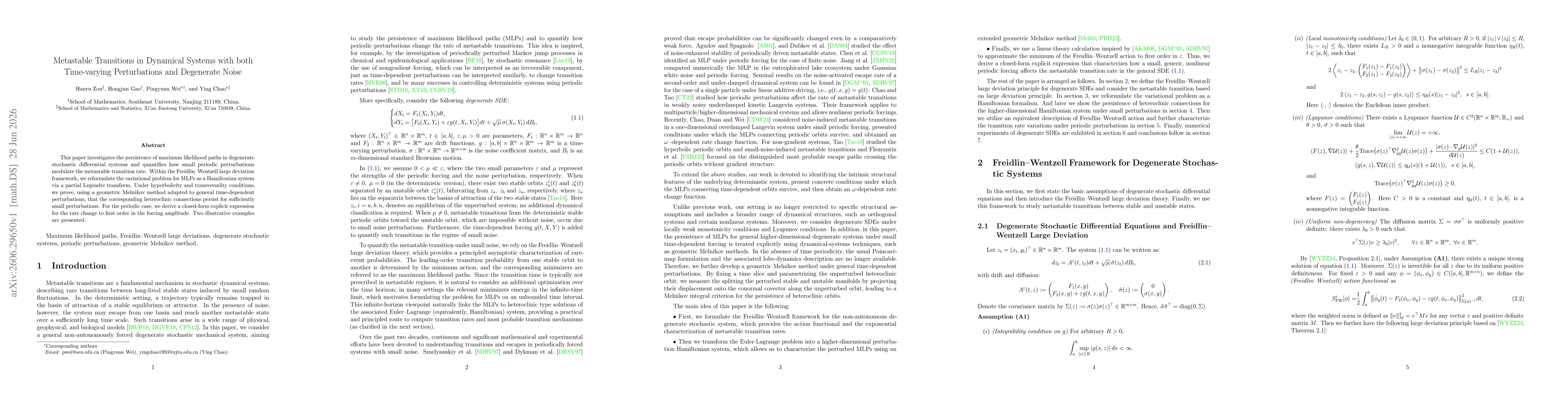 Thumbnail for Metastable Transitions in Dynamical Systems with both Time-varying Perturbations and Degenerate Noise
