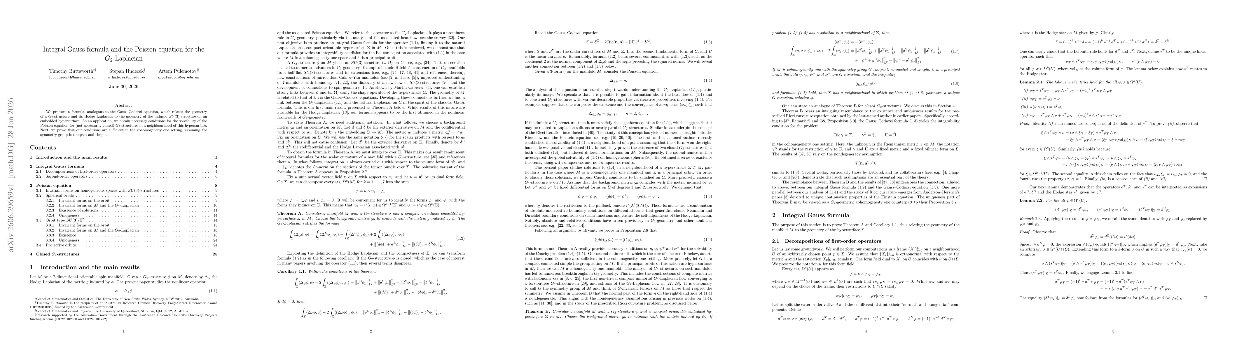 Thumbnail for Integral Gauss formula and the Poisson equation for the $G_2$-Laplacian